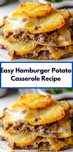 easy hamburger potato casserole recipe on a white plate with the title overlay