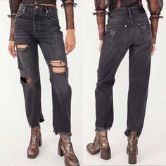 Add An Easy Edge To Your Warm-Weather Wardrobe With These Free People Jeans Which Feature Faded Denim With Shredded Holes At The Knees And Raw Edges. Pair Them With A Crop Top Or An Easy Tee And Slide Into Your Favorite Sandals. Non-Stretch Denim Subtle Fading And Whiskering, Distressed Holes And Raw Hem Size:31 Color: Obsidian (Black) Condition:Brand New With Tags Offers Are Welcome High Waist,Straight Leg, Distressed,Raw Hem Non-stretch Distressed Black Jeans, Black Non-stretch Distressed Jeans, Fall Season High Rise Grunge Jeans, Grunge High-rise Jeans For Fall, Ripped Washed Black Bottoms For Fall, Fall Ripped Washed Black Bottoms, Washed Black Ripped Bottoms For Fall, Edgy Relaxed Fit Jeans For Fall, Edgy Washed Black Jeans For Fall