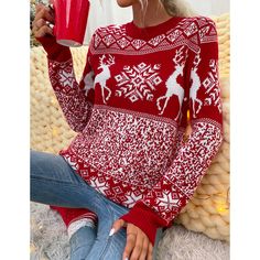 Red Round Collar Christmas Elk Print Sweater Red Christmas Holiday Sweater, Christmas Looks, Plus Size Christmas, Winter Plus Size, Bottoms For Women, Christmas Sweaters For Women, Cardigan Beige, Round Neck Sweater, Long Sleeve Knit Sweaters