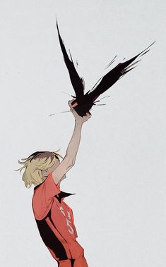 a drawing of a person holding a bird in the air