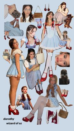 a collage of women dressed up as alice and the wonderland girls, including red high heeled shoes