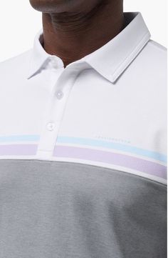 Colorful stripes play up the colorblocked design of this sporty cotton-blend polo. Button half placket Spread collar Short sleeves 58% cotton, 42% polyester Machine wash, tumble dry True to size. Considered a Regular fit; cut with a little extra room through the chest and body for comfort. White Collared Top With Signature Stripes, White Polo Shirt With Horizontal Stripes, White Horizontal Stripe Cotton Polo Shirt, White Collared Polo Shirt With Signature Stripes, White Cotton Polo Shirt With Horizontal Stripes, White Polo Collar Top With Horizontal Stripes, White Striped Cotton Polo Shirt, Sporty Collared Top With Signature Stripes, White Polo Shirt With Contrast Stripes For Spring