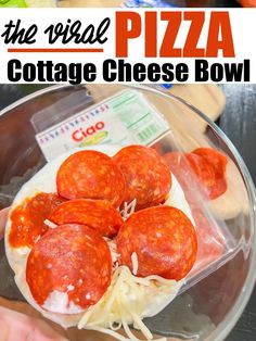 the meal is prepared and ready to be eaten with text overlay that reads, the weird pizza cottage cheese bowl