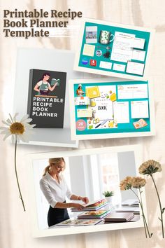 the printable recipe book planner template is shown with flowers and books on it, along with