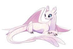 a drawing of a white and pink dragon sitting on top of a leafy plant