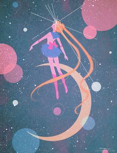 a painting of a woman flying through the air on top of a crescent with stars