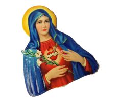 an image of the virgin mary with flowers in her hands on a white background,