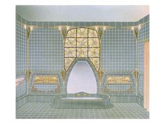 a drawing of a bathroom with tiled walls and flooring, including a bathtub