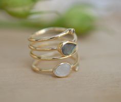 Labradorite & Moonstone Gold Plated 18k Ring * Rainbow stone* Gemstones *Handmade *Statement *Gift for her*Spiral Ring Jewelry*Bycila*BJR057 Spiral Ring, Labradorite Ring, Psychic Abilities, Moonstone Ring, Feminine Energy, Metal Bands, Gold Plated Jewelry, Jewelry Plate, Base Metal