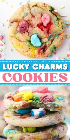 lucky charms cookies stacked on top of each other with the words lucky charms cookies above them