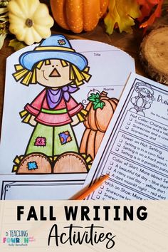 a fall writing activity with pumpkins, leaves and other autumn activities on the table