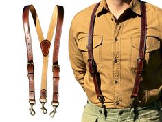 Handmade Leather Suspenders, Reenactment Western Suspenders, Cowboy Suspenders, 1800's Button Suspenders, Wedding Leather Suspenders Buckle Strap Leather Suspenders, 1-Inch width  These good-looking and classic buckle strap, solid antique brass swivel snap-on, high-quality leather suspenders were inspired by the handmade western style suspenders made in the 1700's. If you are looking for Leather Suspenders with Solid Antique Brass buckles and swivel snaps  that will last decades (perhaps even a century then you have found the right ones! We carefully chose the kind of leather for this project, because we want to give you a handmade product with the greatest quality of all. *Do you need several pairs of suspenders for a special occasion such as a wedding in a short period of time? Please re Cowboy Suspenders, Leather Suspenders Men, Wedding Suspenders, Leather Braces, Button Suspenders, Suspenders Wedding, Suspenders Men, Leather Suspenders, Leather Wedding