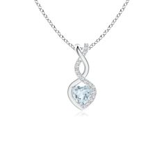 A diamond studded strip entwines with a lustrous metal strip to form an ornate infinity. Floating amid the graceful infinity is an icy blue heart-shaped aquamarine in a prong setting. The sparkling diamonds infuse a captivating edge to this silver infinity twist pendant. Anniversary Aquamarine Necklace With Diamond Accents, Light Blue Diamond Necklace For Anniversary, Elegant Light Blue Jewelry With Diamond Accents, Light Blue Diamond Accented Jewelry For Anniversary, Elegant Diamond White Aquamarine Jewelry, Elegant Infinity Jewelry With Accent Stones, March Birthstone Jewelry, Infinity Heart, Aquamarine Pendant