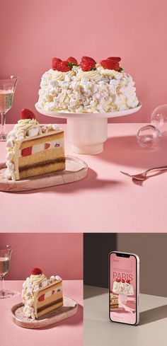 three different photos of a cake with strawberries on top