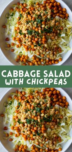 cabbage salad with chickpeas and carrots on two white plates