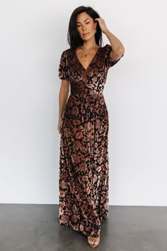 Leslie Velvet Maxi Dress | Black + Bronze Fall Wedding Attire, Boho Mother, Embossed Velvet, Gorgeous Style, Embellished Maxi Dress