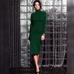 Simple Fashion High Neck Long Sleeve Bodycon Knee-length Dress Elegant Winter Turtleneck Bodycon Dress, Elegant Turtleneck Bodycon Dress For Winter, Winter Party Turtleneck Bodycon Dress, Winter Long Sleeve Bodycon Dress, Fitted Turtleneck Midi Dress For Party, Elegant Solid Color Winter Bodycon Dress, Turtleneck Bodycon Dress For Party, Winter Party Bodycon Dress In Solid Color, Fall Stretch Midi Dress For Club