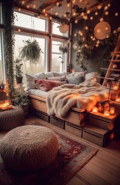 a living room filled with lots of furniture and lights