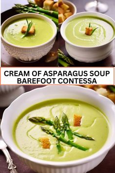 three pictures of cream of asparagus soup in white bowls