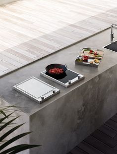 a kitchen counter top with a bowl of food on it