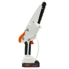 a white and orange electric hand held saw