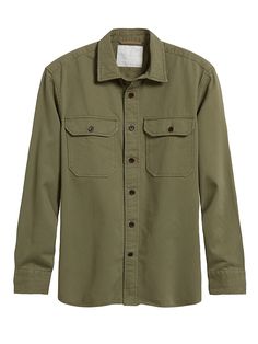 Heritage Shirt Jacket | Banana Republic Military Style Cotton Utility Jacket With Buttoned Pockets, Classic Khaki Shacket With Button Closure, Classic Unstructured Khaki Utility Jacket, Military Cotton Shacket With Long Sleeves, Utility Cotton Outerwear With Spread Collar, Unstructured Cotton Long Sleeve Shacket, Cotton Utility Jacket With Flap Pockets, Long Sleeve Cotton Utility Jacket With Flap Pockets, Unstructured Long Sleeve Cotton Shacket