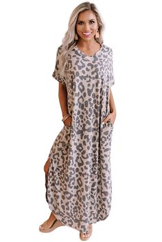 Casual Leopard Maxi Dress with Slits Casual Long Dresses With Side Slits, Casual Midi Dress With Side Slits, Casual Long Midi Dress With Side Slits, Casual Midi Dress With Side Slits For Day Out, Casual Midi-length Dresses With Side Slits, Casual Short Sleeve Maxi Dress With Side Slits, Casual Dress With Side Slits For Day Out, Casual Dresses With Side Slits For Day Out, Loungewear Midi Dress With Side Slits