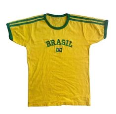 ❤️ Brasil y2k baby tee top embroidery football T-shirt crop top vintage style retro shirt sleeve 📏Recommended sizing:  Size S (UK 6/8)  Size M (UK 10)  Size L (UK 12) Cheap Vintage Tops For Outdoor, Retro Tops For Football Season Streetwear, Retro Tops For Streetwear During Football Season, 90s Style Short Sleeve Sports T-shirt, 90s Sports T-shirt For Summer, Retro Tops For Summer Sports Events, Retro Tops For Sports Events In Summer, Retro Summer Tops For Sports Events, Summer Crew Neck T-shirt With Three Stripes