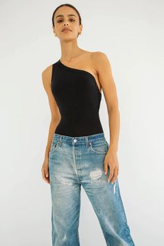 AISLING BODYSUIT – The Line by K Line By K, High Rise Trousers, Basic Bodysuit, One Shoulder Neckline, Bodysuit Black, Loose Fit Jeans, Asymmetrical Neckline, Long Torso, Menswear Inspired