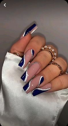 Navy And Silver Nails, Royal Blue Nails Designs, Blue Prom Nails, Cowboy Nails, Blue And Silver Nails, Homecoming Nails Blue, Blue And White Nails, Royal Blue Nails, Dark Blue Nails