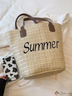 BirdinBag - Woven Letter Shoulder Tote for Women with Spacious Capacity, Solid Color Design Casual Beach Bag With Letter Print, Casual Beach Bag With Letter Print For Daily Use, Casual Beach Shoulder Bag With Letter Print, Casual Spring Shoulder Bag With Letter Print, Beige Bags With Letter Print For Summer, Casual Letter Print Bag For Spring, Letter Print Travel Bags For Spring, Paper Sizes Chart, Rattan Handbags