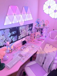 a pink desk topped with a computer keyboard and mouse next to a window filled with cartoon characters