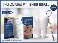 dental brochure with tooth and magnifying glass on table next to it