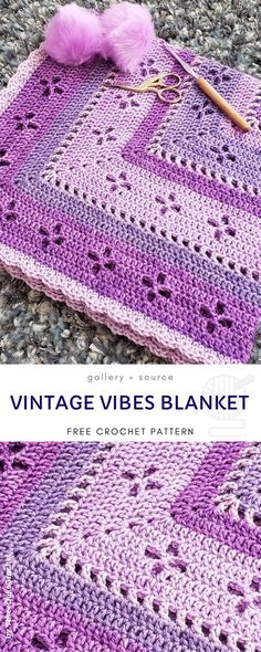 a crocheted blanket with yarn on it and the words vintage vibes blanket written in