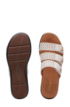 Laser-cut straps keep air flowing through this adjustable leather sandal featuring antimicrobial lining and a targeted contour-cushion footbed, Flat sole Leather upper and lining/rubber sole Imported Leather Sandals With Gel Cushioning For Beach, Leather Beach Sandals With Gel Cushioning, Sandal Women, Leather Sandals, Rubber Sole, Laser Cut, Womens Sandals, Leather Upper, Walking