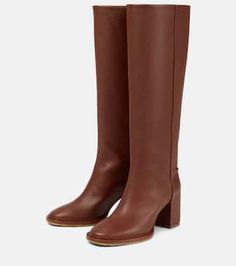 Brown Knee-high Boots For Fall, Brown Wide Calf Knee-high Boots, Fall Calf Leather Knee-high Boots With Block Heel, Elegant Brown Knee-length Boots, Elegant Knee-length Brown Boots, Brown Calf Leather Knee-high Boots With Square Toe, Brown Square Toe Calf Leather Knee-high Boots, Brown Square Toe Knee-high Calf Leather Boots, Wide Calf Calf Leather Knee-high Boots For Fall