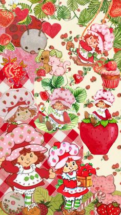 an image of strawberry shortcakes and other items on a tablecloth with hearts