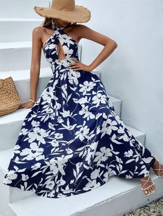 Azul Marinho Boho Collar Sem Mangas Tecido Floral,Estampa total Em A Embellished Não elástico Outfit Boda, Backless Dress Black, Black Flower Pattern, Nice Clothing, Style Bleu, Black Boho, Fabric Floral, Navy Blue Dresses, Boho Floral