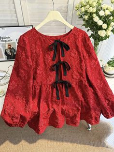 Plus Size Women Floral Embroidered Tie Front Lantern Sleeve Ruffle Hem Loose Blouse, Autumn Red Boho  Long Sleeve Woven Fabric Colorblock,Plain Peplum Non-Stretch  Women Plus Clothing, size features are:Bust: ,Length: ,Sleeve Length: Embroidered Tie, Red Boho, Loose Blouse, Lantern Sleeve, Plus Size Blouses, Lantern Sleeves, Plus Size Tops, Ruffle Hem, All Fashion