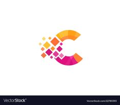 the letter c made up of colorful squares on a white background with an orange and pink color