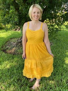 This yellow eyelet midi dress with pockets is the perfect amount of feminine, flirty, classy, and happy this summer! With a cinched waist, eyelet pattern, zipper back, and ruffle bottom, this dress will take you from day to night in ease! Pair with a clutch and espadrilles and you're summer ready! Brand: Skies are BlueDescription: Yellow eyelet sleeveless midi dress; back zipper; pockets; cinched waist; linedFit Info: True to Size, Whitney wears a SmallLength: The length hits mid calfBust: The b Summer Eyelet Midi Dress, Sleeveless Eyelet Midi Dress, Spring Sleeveless Eyelet Midi Dress, Sleeveless Eyelet Midi Dress For Spring, Spring Eyelet Midi Dress, Sleeveless Eyelet Midi Dress For Summer, Summer Beach Midi Dress With Eyelet Details, Summer Beach Eyelet Midi Dress, Summer Midi Eyelet Dress