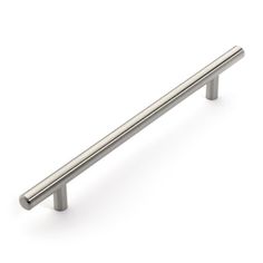 a stainless steel cabinet handle on a white background