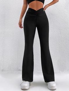 Solid Ruched Waist Flare Leg Black Pants Black Casual   Fabric Plain Flare Leg High Stretch  Women Clothing, size features are:Bust: ,Length: ,Sleeve Length: Black Flares, Ruched Pants, Black Flare Pants, Stylish Work Attire, Flared Leggings, Cute Pants, Black Flare, Flare Leg Pants, Women Pants