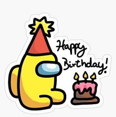 a cartoon character holding a birthday cake with the words happy birthday on it sticker