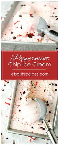 a scoop of peppermint chocolate chip ice cream in a pan with a spoon