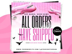 a pink poster with an airplane flying over it and the words, all orders have shipped