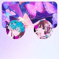 two anime images with butterfly wings in front of purple and blue background, one is holding a phone