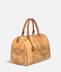 ALVIERO MARTINI PRIMA CLASSE - Geo Classic Large Boston bag Bowling Bag, Light Brown Leather, Bowling Bags, Large Wallet, Handbag Wallet, Boston Bag, Feature Light, Metal Hardware, Map Print