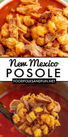 a spoon with some food in it and the words new mexico posole