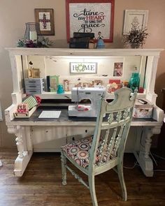 a white desk with a chair next to it